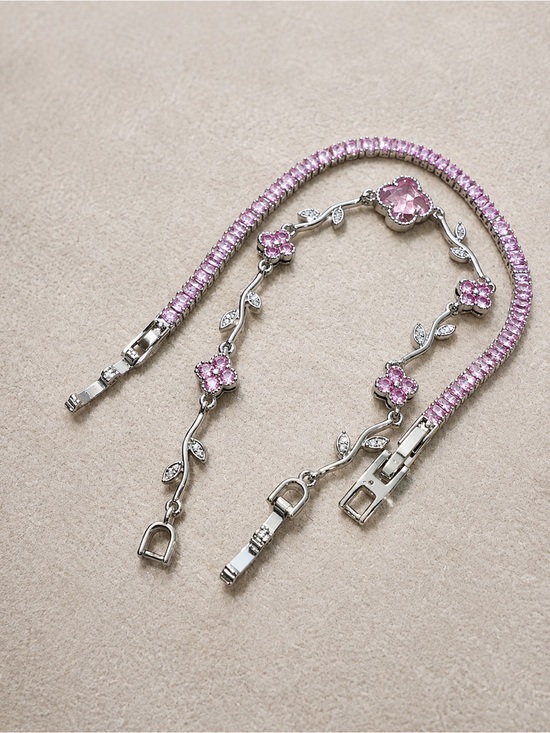 Jewelry - Pink Crystal Bracelet Set - Clover Gem and Flowers Vine & Tennis Bracelets